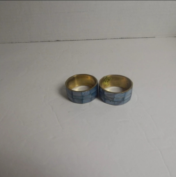 Vintage Set 2 Mother of Pearl Inlay Brass Napkin Rings Shell In Blue Philippines - Picture 1 of 6